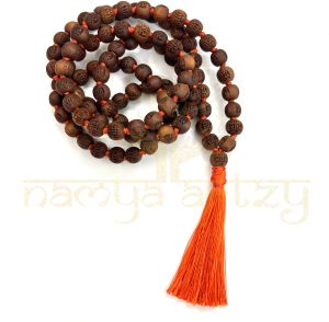 Handmade, Natural 10mm Round Shape Radha Imprints Tulsi 108 Beads Hand-Knotted Mala/necklace