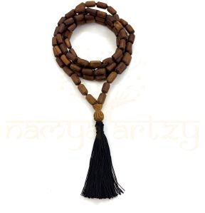 Hand-Knotted, Natural 108 Tube-Shaped Tumble Dark Brown Tulsi Wood Carved Smooth Beads Mala/necklace