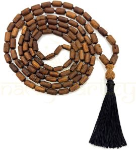 Hand-Knotted, Natural 108 Tube-Shaped Tumble Dark Brown Tulsi Wood Carved Smooth Beads Mala/necklace