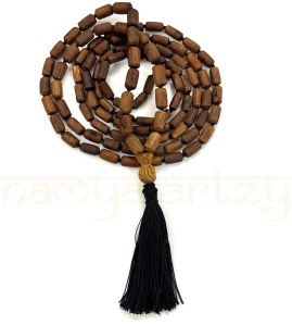 Hand-Knotted, Natural 108 Tube-Shaped Tumble Dark Brown Tulsi Wood Carved Smooth Beads Mala/necklace
