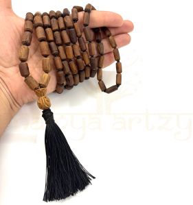 Hand-Knotted, Natural 108 Tube-Shaped Tumble Dark Brown Tulsi Wood Carved Smooth Beads Mala/necklace