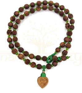 10mm Radha Engraved Tulsi Wood Beads Mala Necklace with Faceted Green Onyx
