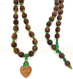 10mm Radha Engraved Tulsi Wood Beads Mala Necklace with Faceted Green Onyx