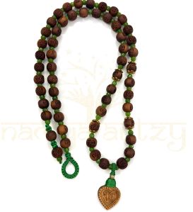 10mm Radha Engraved Tulsi Wood Beads Mala Necklace with Faceted Green Onyx