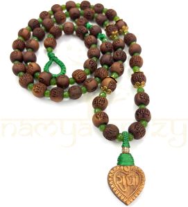 10mm Radha Engraved Tulsi Wood Beads Mala Necklace with Faceted Green Onyx