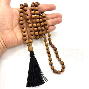 Hand-Knotted, Natural 108 Light Brown 8mm Tulsi Wood Hand-Carved Smooth Beads Japa Mala/necklace