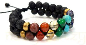 Handmade, Natural Volcano Lava 8mm 7 Chakra Gemstone with Brass Double Line Macrame Healing Bracelet