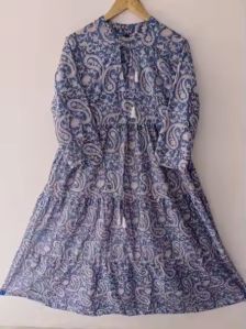 Women Block Floral Printed Long Sleeve V-Neck Cotton Dress