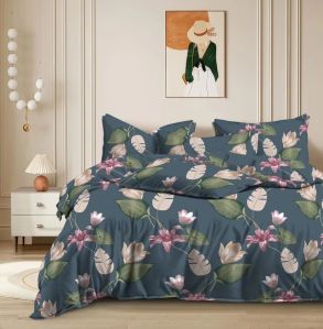 5 Pcs Teal Blue Glace Cotton Printed Bed Sheet Set