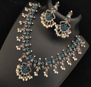 Antique Silver Oxidized Necklace Set with Blue Stones & Pearl Drops