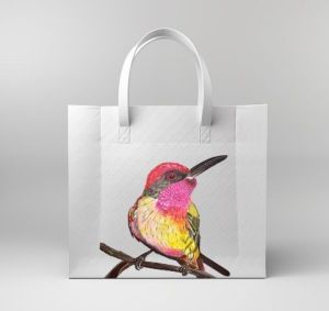 Colorful Bird Printed White Tote Bag with Textured Finish