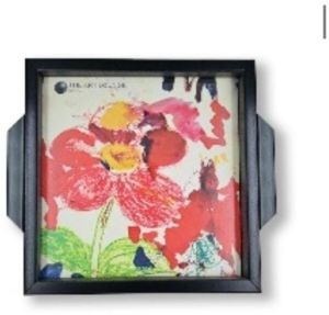 Dark Wood Square Decorative Tray with Abstract Floral Multi-colour Print & Glass Cover