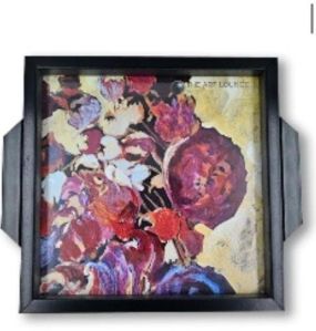 Dark Wood Square Decorative Tray with Abstract Floral Still Life Print & Glass Cover