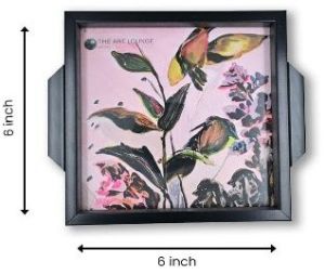 Dark Wood Square Decorative Tray with Abstract Botanical Bird Print & Glass Cover