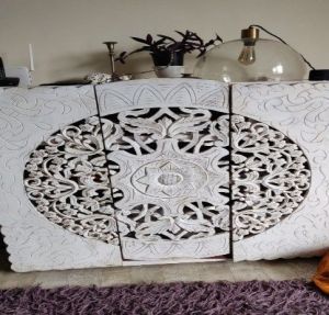 Handcrafted White Floral Carved Wooden Cabinet