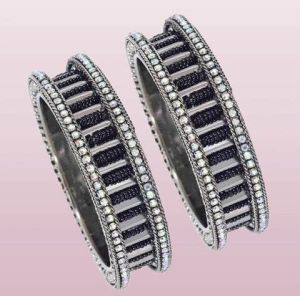 Oxidized Silver Tone Cubic Zirconia & Black Bead Ladder Design Bangle Set