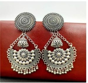 Oxidized Silver Tone Ethnic Chandbali Jhumka Earrings with Ghungroo & Studded Design