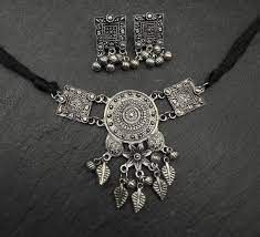 Oxidized Silver Tribal Necklace Set with Leaf Danglers &AMP; Matching Earrings