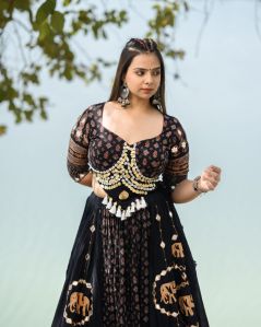 Women\'s Black Traditional Ajrakh Printed Chaniya Choli Set