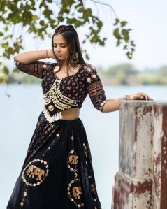 Women\'s Black Traditional Ajrakh Printed Chaniya Choli Set