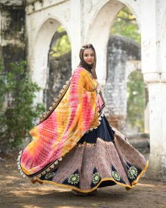 Women\'s Traditional Navy Blue Embroidered Chaniya Choli with Bandhej Dupatta