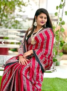 Maroon Fancy Ajrakh Digital Printed Crepe Silk Saree