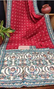 Red Madhubani Printed Crepe Silk Saree