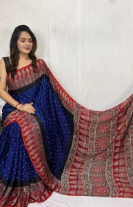 Green and Red Fancy Ajrakh Digital Printed Crepe Silk Saree
