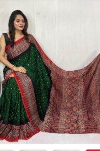Green and Red Fancy Ajrakh Digital Printed Crepe Silk Saree