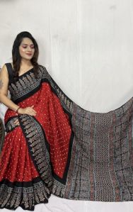 Green and Red Fancy Ajrakh Digital Printed Crepe Silk Saree