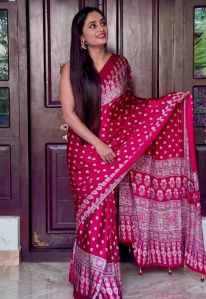 Maroon Fancy Ajrakh Printed Soft Crepe Silk Saree