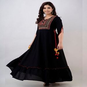 Ladies Black Rayon Embroidered Anarkali Kurti