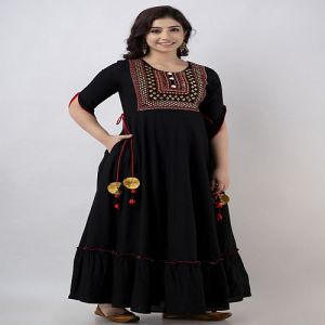 Ladies Black Rayon Embroidered Anarkali Kurti