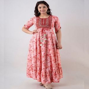 Ladies Baby Pink Rayon Embroidered Anarkali Kurti