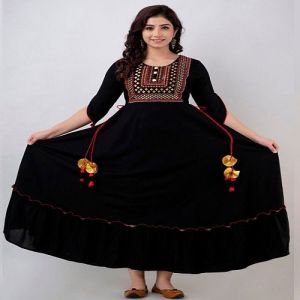 Ladies Black Rayon Embroidered Anarkali Kurti