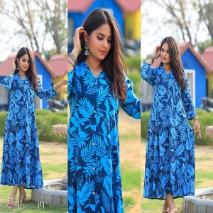 Ladies Blue Leaves Printed Long Rayon Kurti