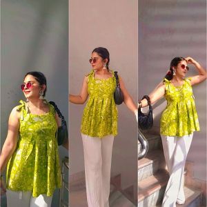 Ladies Green Sleeveless Cotton Printed Short Kurti