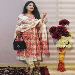 Ladies Red and Cream Printed Rayon Kurti Pant Set with Net Border