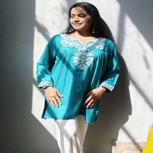 Ladies Sky Blue Embroidered Rayon Short Kurti
