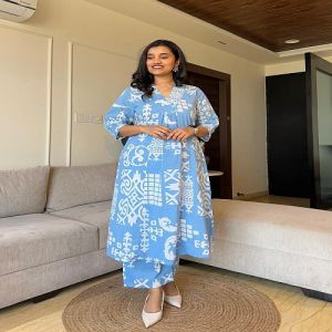 Ladies Sky Blue Rayon Printed Palazzo Suit
