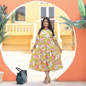 Ladies Yellow Printed Long Rayon Kurti