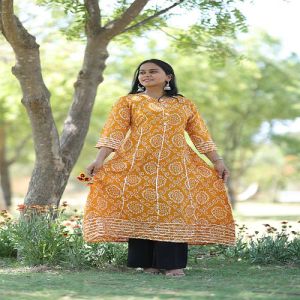 Ladies Yellow Rayon Printed Long Kurti