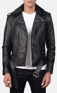 Mens Fur Collar Black Leather Jacket