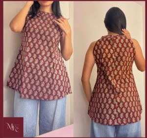 Ladies Brown Color Ajrakh Print Halter Neck Top