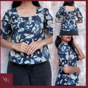 Ladies Leaf Print Half Sleeve Short Top