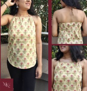 Ladies Lime Yellow Halter Neck Floral Print Backless Top