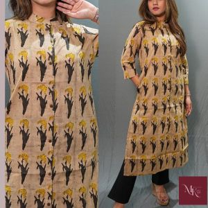 Ladies Mandarin Collar Dark Beige Sleeves Kurti