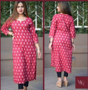 Ladies Red Ajrakh Print Full Sleeves Kurti
