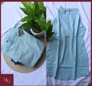 Ladies Sky Blue Kantha Work Halter Neck Short Kurti