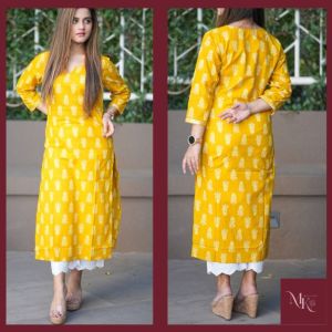 Ladies Yellow Ajrakh Print Full Sleeves Kurti
